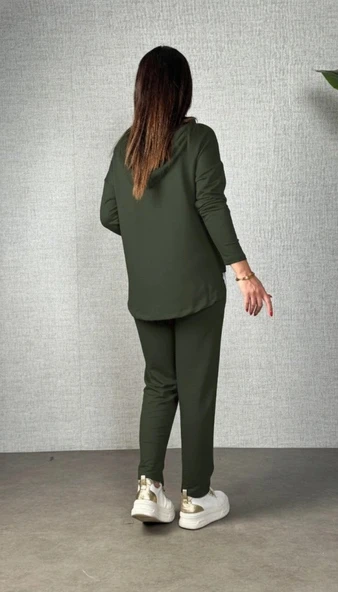 MDB Kadın Uzun Kollu Kapşonlu Bağcıklı Viskon Iki Iplik Bluz Ve Pantolon Ikili Takım - Resim 4