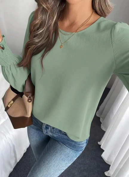 MDB Kadın Uzun Kollu Yuvarlak Yaka Aerobin Bluz - Resim 2