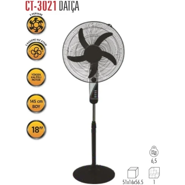Raks Cata Datça 5 Pervaneli 3 Kademeli Siyah Gövde Ayaklı Vantilatörü CT-3021 - Resim 2