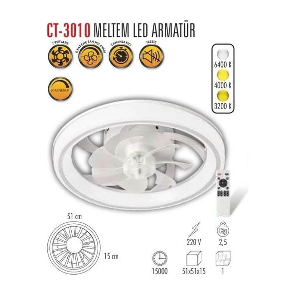 Cata CT-3010 Meltem 70W Ledli Tavan Vantilatörü Kumandalı - Resim 2
