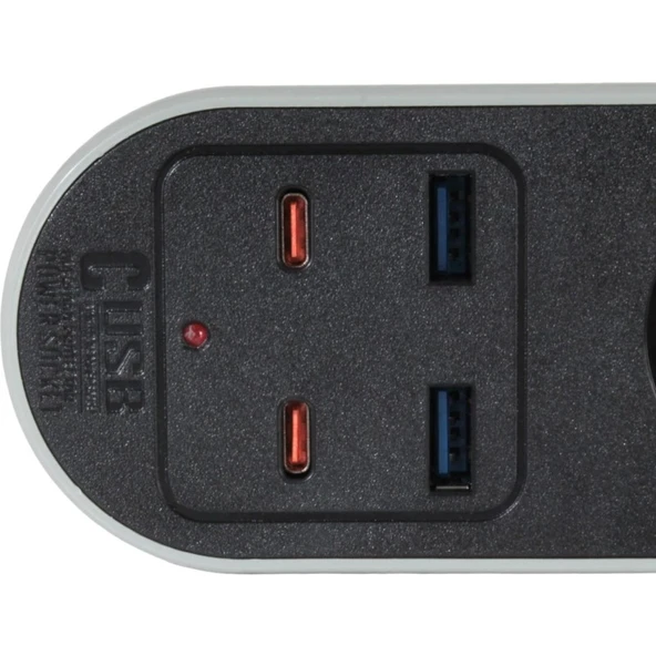 Ars 2 USB 2 Type C Girişli Akım Korumalı 2 Metre 3'lü Priz - Resim 4