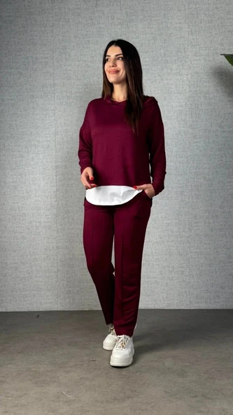 MDB Kadın Uzun Kollu Kapşonlu Bağcıklı Viskon Iki Iplik Bluz Ve Pantolon Ikili Takım ürün görseli 1