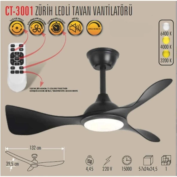 Cata Zürih LED Tavan Vantilatör Sessiz (CT-3001) - Resim 2