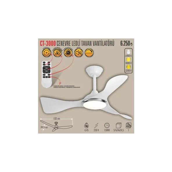 Cata CT-3000 CENEVRE LEDLİ TAVAN VANTİLATÖRÜ BEYAZ ürün görseli 1