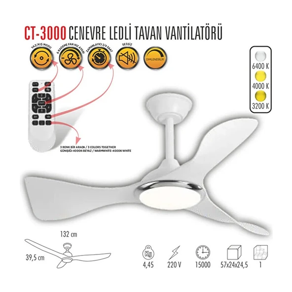 Cata Cenevre Ledli Tavan Vantilatörü Beyaz (Kumandalı) CT-3000 - Resim 2