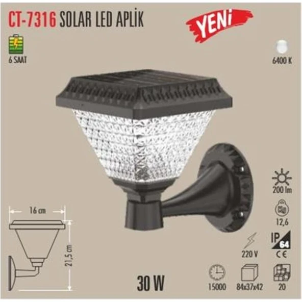 Cata Ct 7316 Solar Duvar Armatür 30W 6400K Beyaz Işık ürün görseli 1