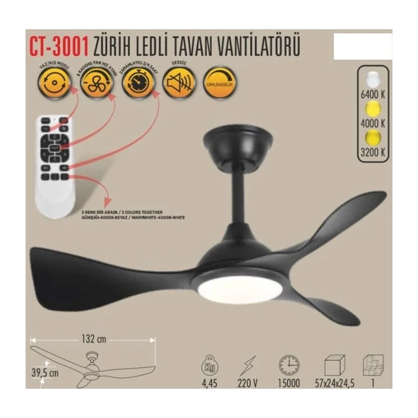 Vanti Cata CT-3001 Zurih Ledli Tavan Vantilatörü ürün görseli 1