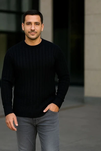 Erkek Fitilli Triko Kazak 3'lü Set Bej Gri Siyah Regular Fit Bisiklet Yaka Triko Seti Kazak Modeli - Resim 5