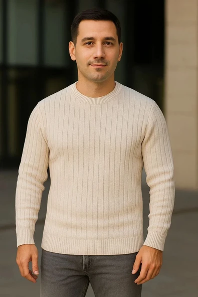 Erkek Fitilli Triko Kazak 3'lü Set Bej Gri Siyah Regular Fit Bisiklet Yaka Triko Seti Kazak Modeli - Resim 7