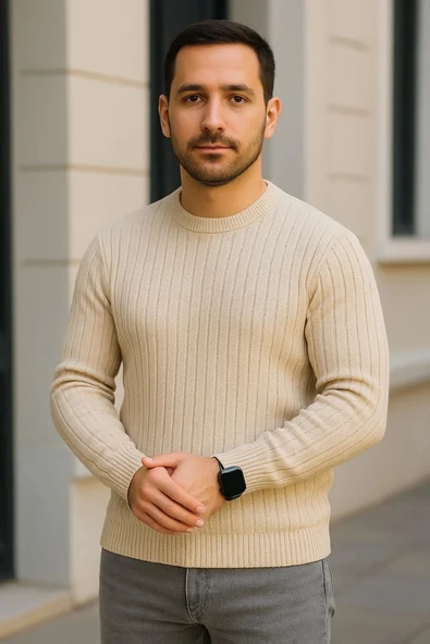 Erkek Fitilli Triko Kazak 3'lü Set Bej Gri Siyah Regular Fit Bisiklet Yaka Triko Seti Kazak Modeli - Resim 8