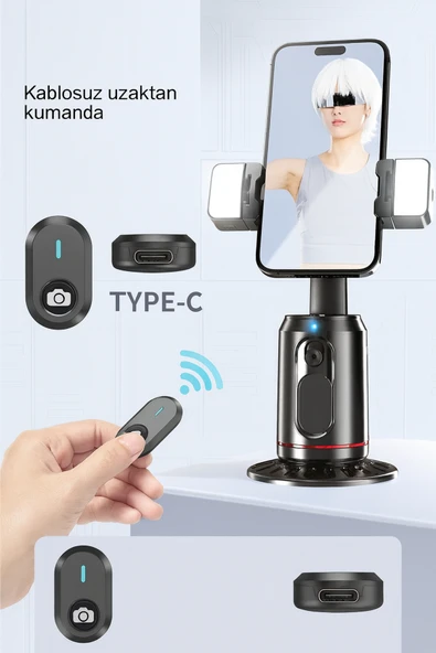 360° Yapay Zeka Yüz Takipli RGB Işıklı Kumandalı Selfie Tripod Gimbal Telefon Sabitleyici Tripod - Resim 5