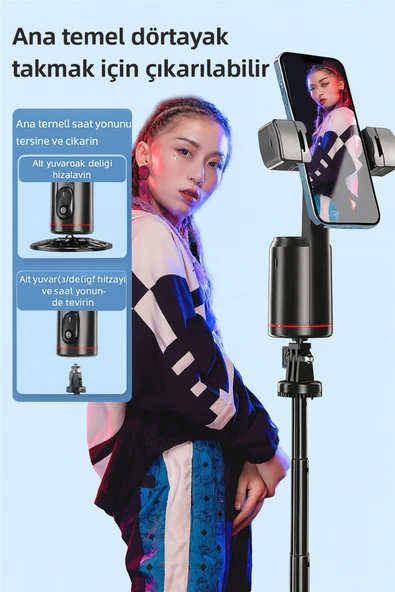 360° Yapay Zeka Yüz Takipli RGB Işıklı Kumandalı Selfie Tripod Gimbal Telefon Sabitleyici Tripod - Resim 3