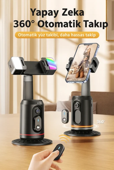 360° Yapay Zeka Yüz Takipli RGB Işıklı Kumandalı Selfie Tripod Gimbal Telefon Sabitleyici Tripod - Resim 2