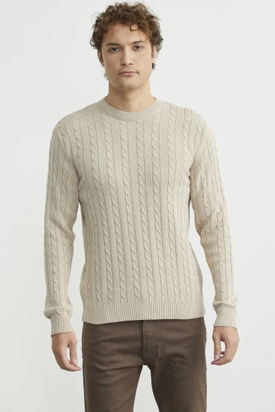 Pamuklu Saç Örgü Detaylı Triko Kazak - Açık Bej - Resim 2