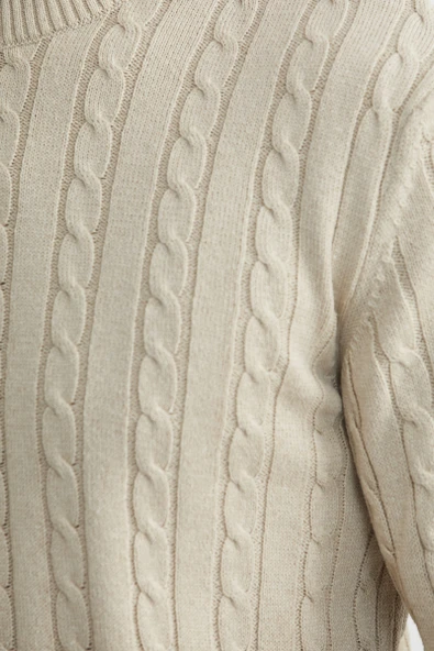 Pamuklu Saç Örgü Detaylı Triko Kazak - Açık Bej - Resim 4