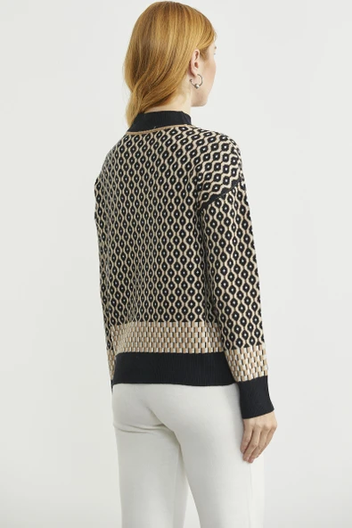 Yarım Balıkçı Renk Motifli Triko Kazak - Siyah - Resim 6