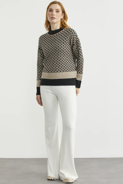 Yarım Balıkçı Renk Motifli Triko Kazak - Siyah - Resim 4