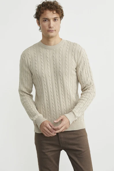 Pamuklu Saç Örgü Detaylı Triko Kazak - Açık Bej ürün görseli 1