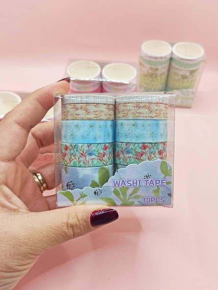 Vintage Washi Tape Bant Baskılı Yapışkanlı Maskeleme Kağıdı 45D Desenli Bant 10'lu - Mavi Çiçek Yaprak ürün görseli 1