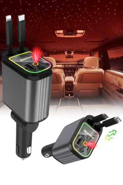 4in1 StarLight Geri Çekilebilir Araç İçi Hızlı Şarj Cihazı Çakmaklık RGB Tavan Aydınlatma 66W USB C ürün görseli 1