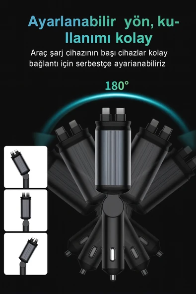 4in1 StarLight Geri Çekilebilir Araç İçi Hızlı Şarj Cihazı Çakmaklık RGB Tavan Aydınlatma 66W USB C - Resim 2