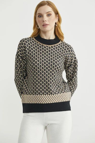 Yarım Balıkçı Renk Motifli Triko Kazak - Siyah - Resim 5