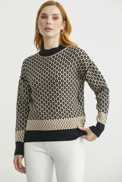 Yarım Balıkçı Renk Motifli Triko Kazak - Siyah - Resim 2