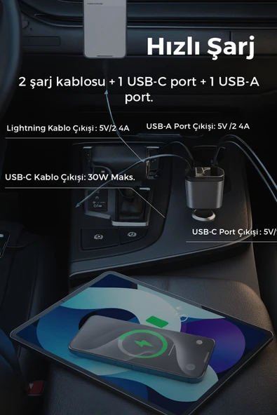 4in1 StarLight Geri Çekilebilir Araç İçi Hızlı Şarj Cihazı Çakmaklık RGB Tavan Aydınlatma 66W USB C - Resim 5