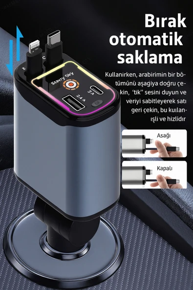 4in1 StarLight Geri Çekilebilir Araç İçi Hızlı Şarj Cihazı Çakmaklık RGB Tavan Aydınlatma 66W USB C - Resim 4