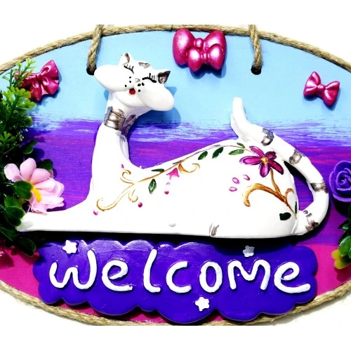 Kedi Figürlü Welcome Yazılı El Yapımı Kapı Süsü - Resim 2