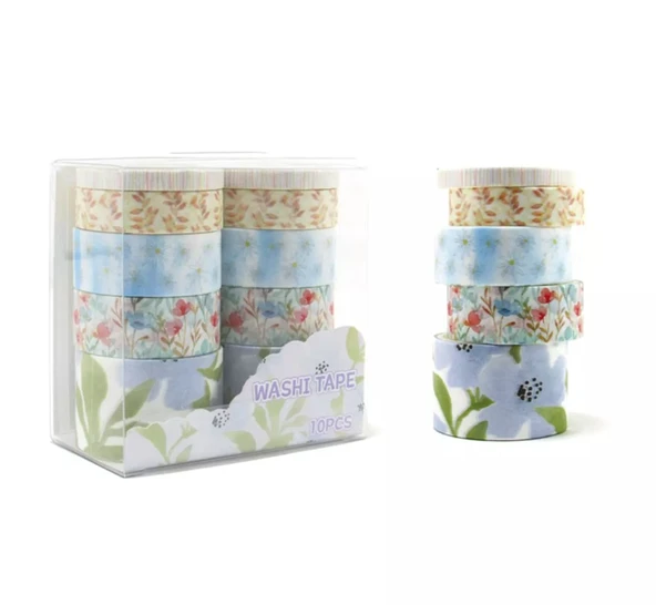 Vintage Washi Tape Bant Baskılı Yapışkanlı Maskeleme Kağıdı 45D Desenli Bant 10'lu - Mavi Çiçek Yaprak - Resim 2