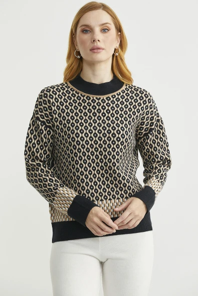 Yarım Balıkçı Renk Motifli Triko Kazak - Siyah - Resim 3