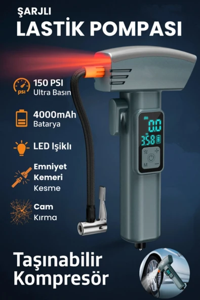 Şarjlı Taşınabilir Hava Pompası LED Işıklı &LCD Ekranlı Acil Durum Cam kırma Aparat 150PSI 4000mAh - Resim 2