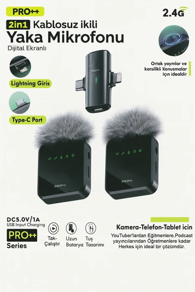 2in1 Kablosuz İkili Yaka Mikrofonu Pro++ Dijital Ekranlı TYPE-C/Lightning Portlu Kayıt Mikrofon ürün görseli 1
