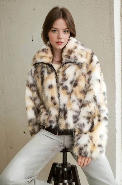 Kışlık Desenli Kısa Suni Kürk Ceket - Resim 3