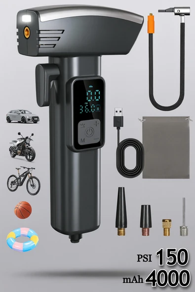 Şarjlı Taşınabilir Hava Pompası LED Işıklı &LCD Ekranlı Acil Durum Cam kırma Aparat 150PSI 4000mAh ürün görseli 1