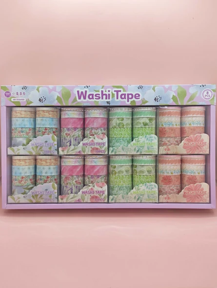 Vintage Washi Tape Bant Baskılı Yapışkanlı Maskeleme Kağıdı 45D Desenli Bant 10'lu - Mavi Çiçek Yaprak - Resim 5