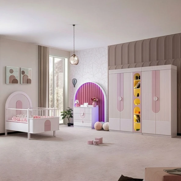 Venüs Çocuk Odası Takımı, Venüs Büyüyen Beşik, Vira 4 Kapaklı Kitaplıklı Dolap, Şifonyer - Pembe ürün görseli 1