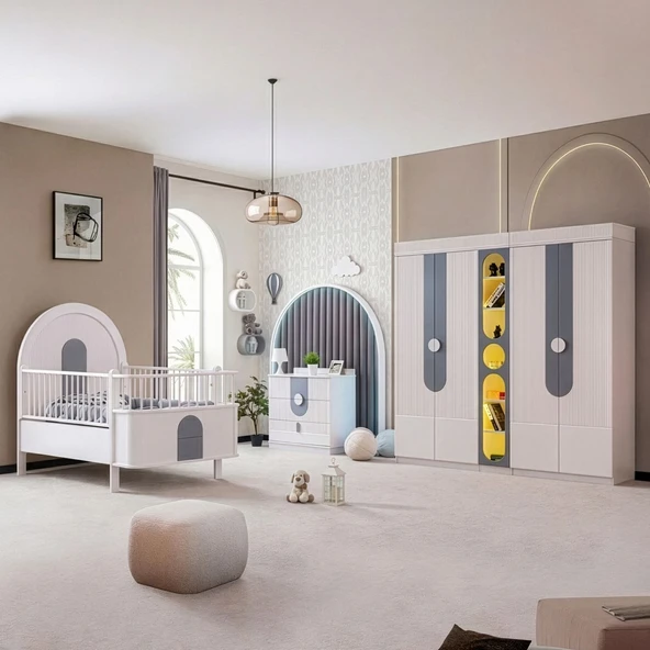 Venüs Çocuk Odası Takımı, Venüs Büyüyen Beşik, Vira 4 Kapaklı Kitaplıklı Dolap, Şifonyer - Gri ürün görseli 1