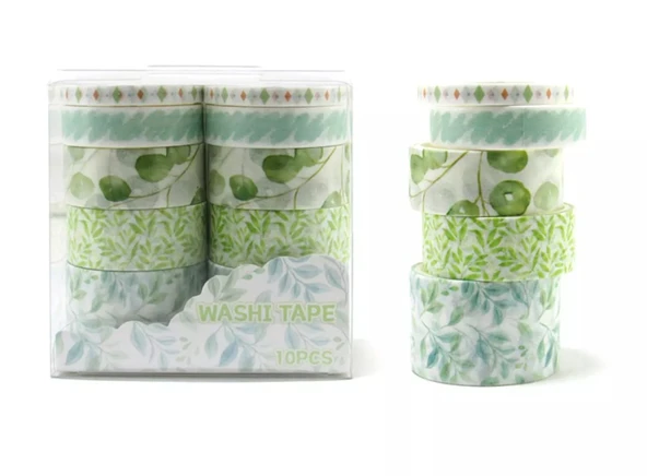 Vintage Washi Tape Bant Baskılı Yapışkanlı Maskeleme Kağıdı 45D Desenli Bant 10'lu - Yeşil Yapraklar - Resim 2