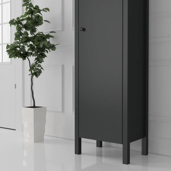 Venezia Tek Kapaklı Ahşap Ayaklı Çok Amaçlı Mutfak, Erzak Dolabı, Banyo Havlu Dolabı - Minifiks - Antrasit - Resim 4