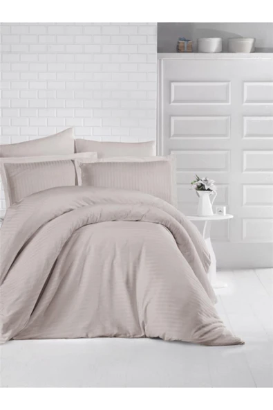 Clasy Çizgili Saten Nevresim Takımı Çift Kişilik Taş ürün görseli 1