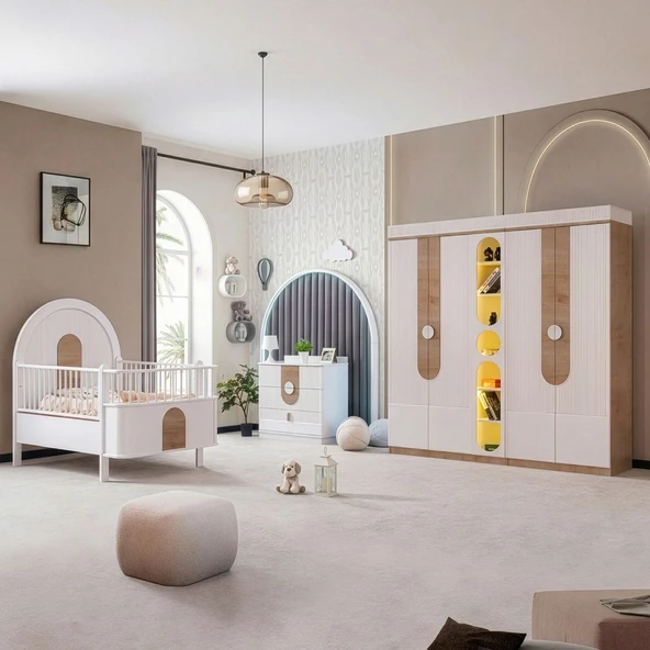 Venüs Çocuk Odası Takımı, Venüs Büyüyen Beşik, Vira 4 Kapaklı Kitaplıklı Dolap, Şifonyer - Ceviz ürün görseli 1