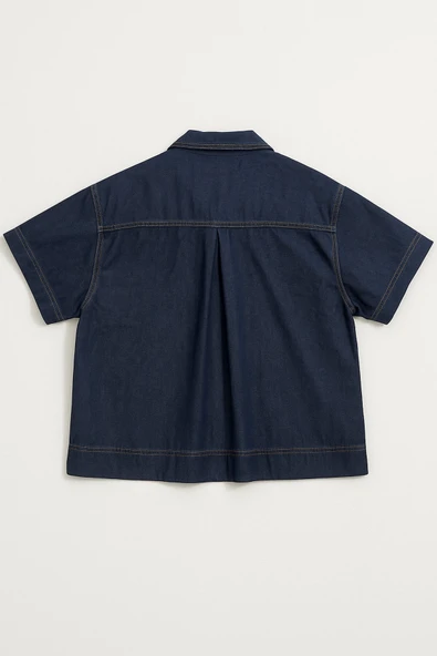 Kadın Rahat Kalıp Cepli Lacivert Jean Gömlek - Resim 3