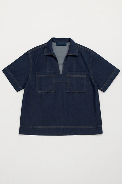 Kadın Rahat Kalıp Cepli Lacivert Jean Gömlek - Resim 2