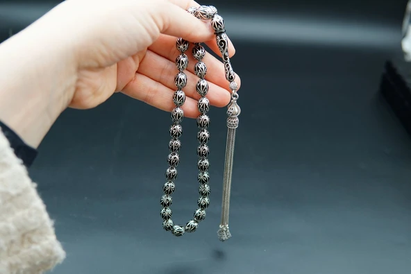 Badem Kesim Nakış İşlemeli Oltu Taşı Tesbih st000154 - Resim 6