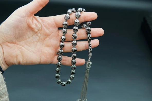 Badem Kesim Nakış İşlemeli Oltu Taşı Tesbih st000154 - Resim 2