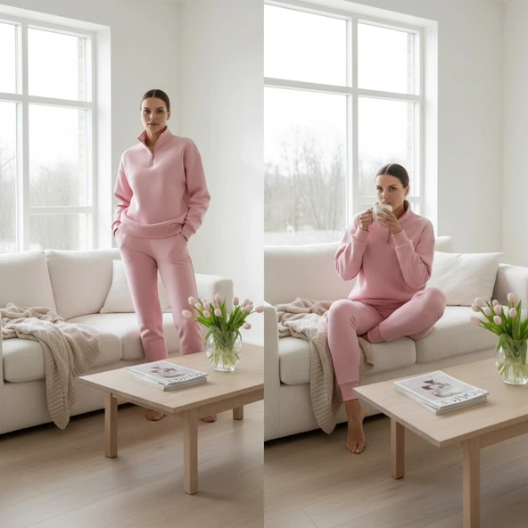 BİÇOMİ 3 iplik Şardonlu yarım fermuarlı sweatshirt somon ürün görseli 1