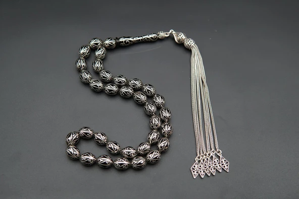 Badem Kesim Nakış İşlemeli Oltu Taşı Tesbih st000154 - Resim 7