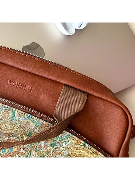 13-14 Inç Laptop, Notebook, Macbook Pro-Air Askılı Deri Çanta Şal Desen Etnik Taba - Resim 3